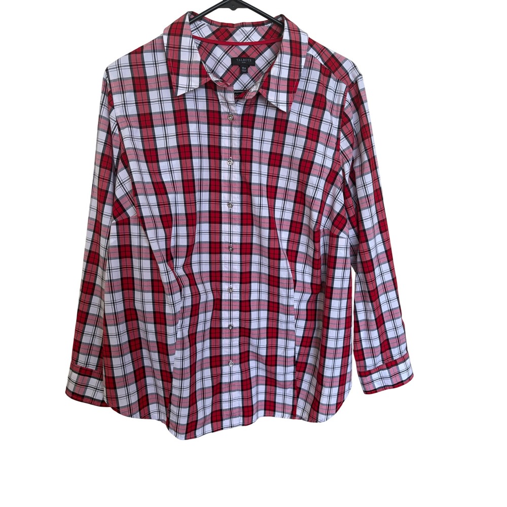 Talbots Plus Womens 16W Red Plaid No iron Perfect Shirt Crest Logo Classic